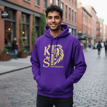 KINGDOM STRONG "BUILT FOR BATTLE" HEAVY SIGNATURE HOODIE METALIC GOLD LION LOGO